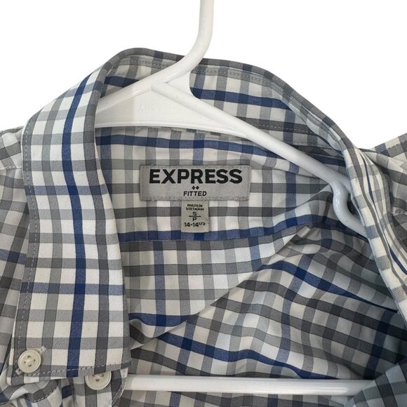 Express Mens Slim Fitted Plaid Button-Up Shirt S 14-14.5" Long Sleeve Blue/Gray - Picture 2 of 10